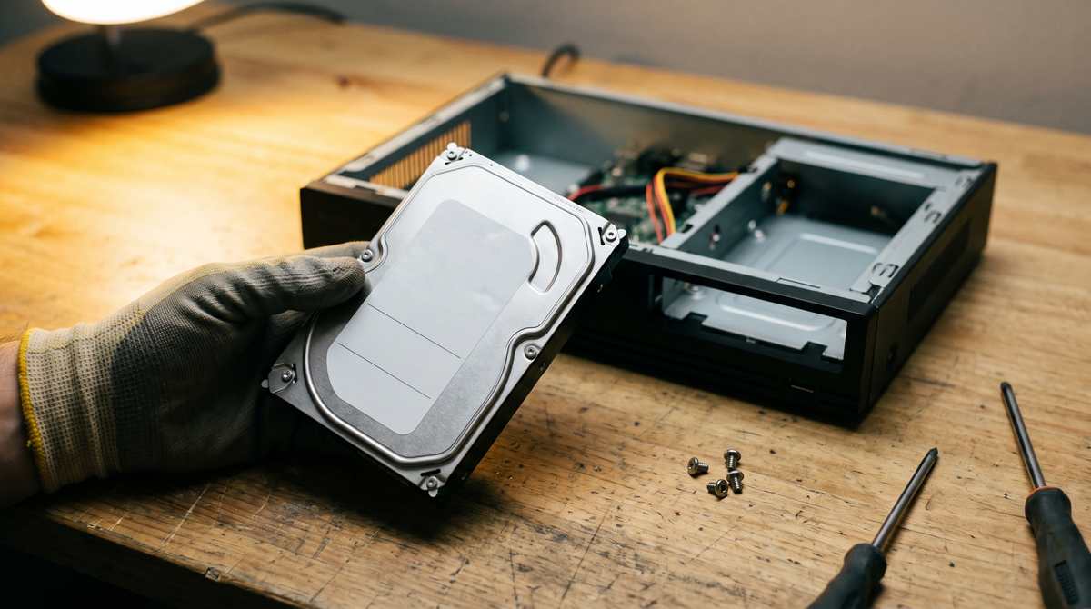 A gloved hand holding a bare 3.5-inch drive with a plain label beside an open recorder chassis on a workbench, screws and two screwdrivers