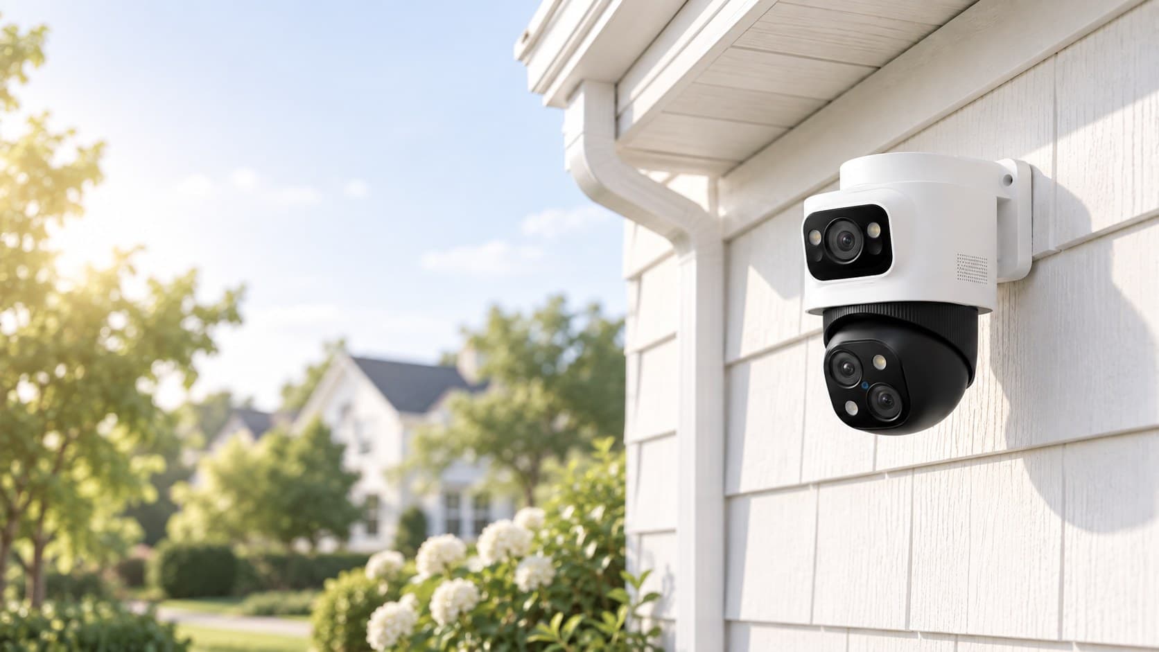 A white dual-lens pan-and-tilt security camera on a bracket under the eave at the corner of a white shingle-sided house, gutter above it, a blurred garden and neighbouring house to the left