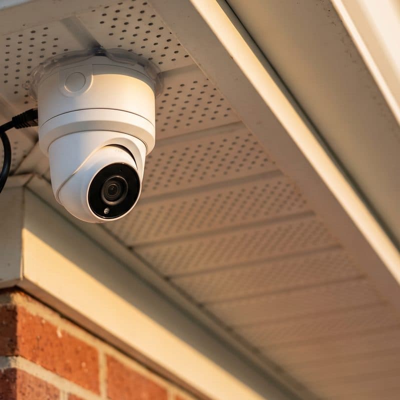 White turret camera mounted flush against a white vented vinyl soffit above red brick, with a black cable entering the base, in low warm sunlight