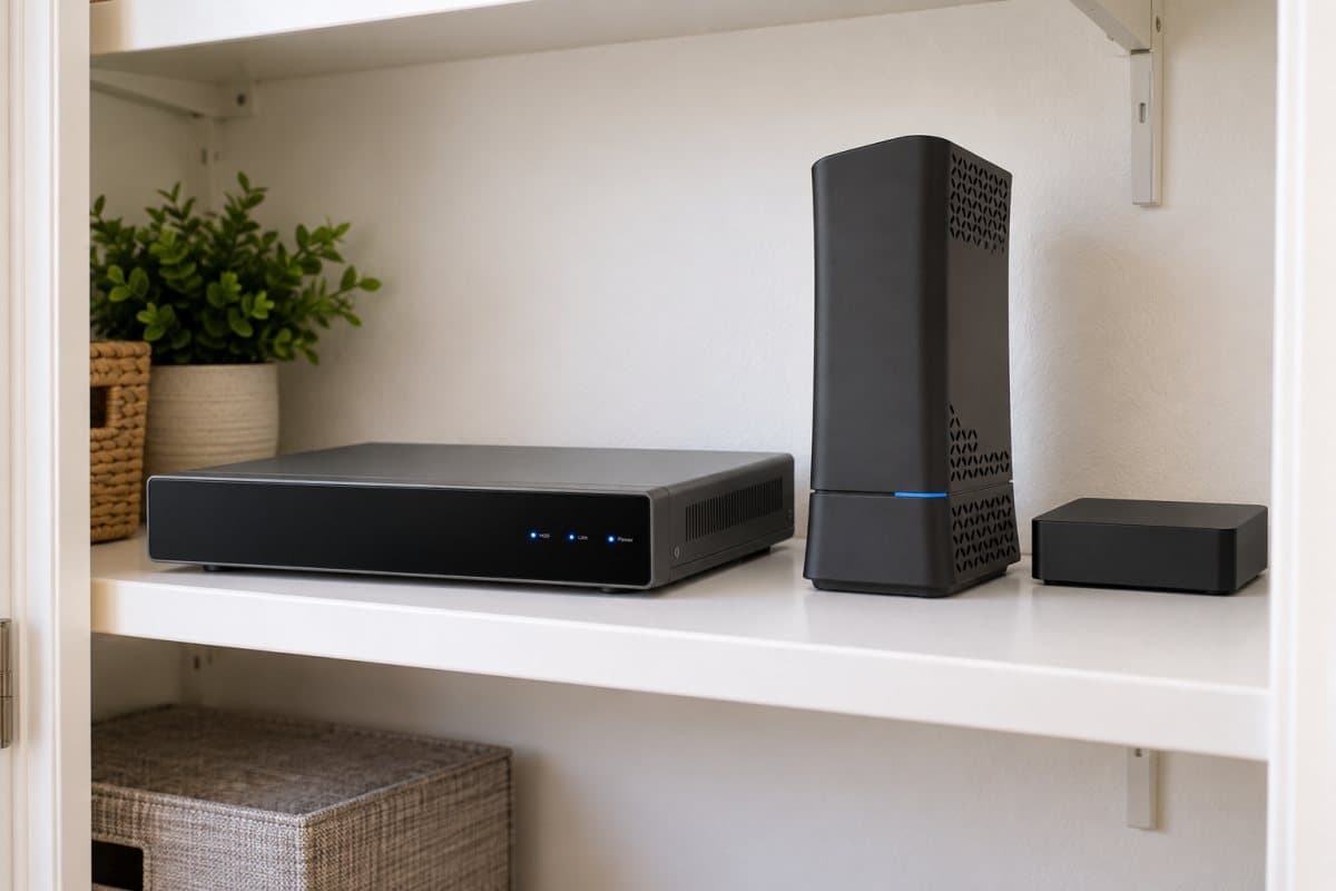 A flat black recorder with three small status lights on a white closet shelf, a standing black router with a blue light band beside it, a small black box at the right, a potted plant and wicker baskets around them