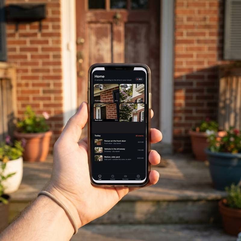 A hand holding a phone showing a four-camera live view