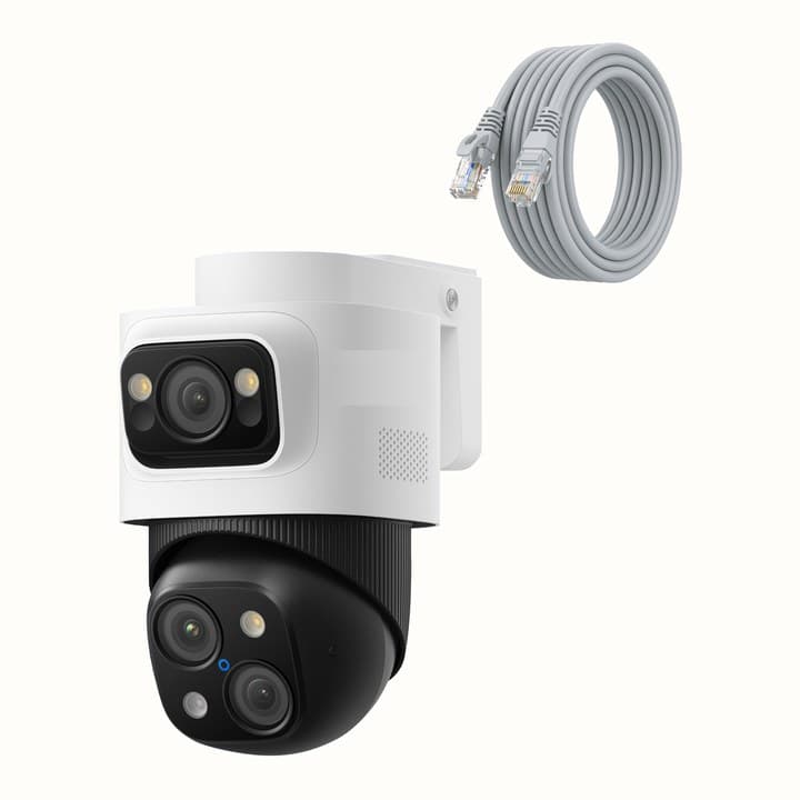 White camera body with a single black lens panel on a wall bracket, above a black rotating dome unit carrying two lenses, beside a coiled grey network cable on a cream background