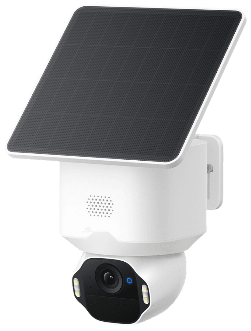 A white wireless security camera with a dark solar panel angled on top, a round speaker grille on the body and a black lens housing with two small lights below, on a wall bracket, seen from the front left