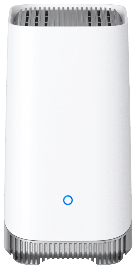 A white tower-shaped hub seen head-on, a dark vented top, a small blue ring light low on its front face and a gray ribbed base